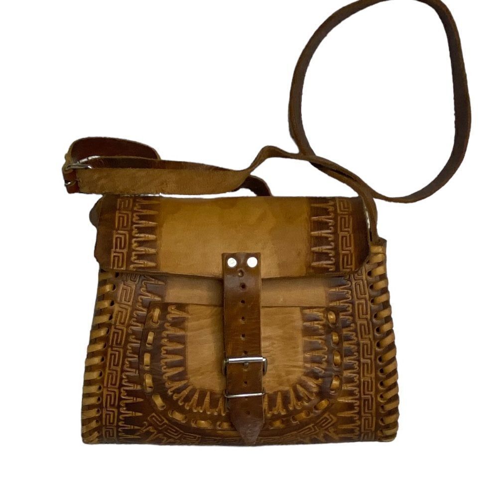 Aztec Tooled Leather Brown Buckle Closure Whip Stitch Crossbody Saddle Bag Purse